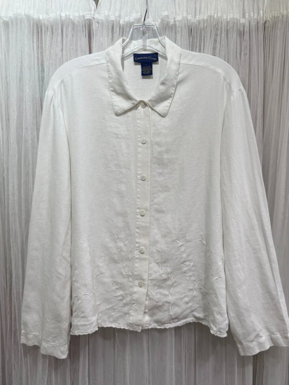 Charter Club White Linen Embroidered Button Front Shirt Womens Large Coastal